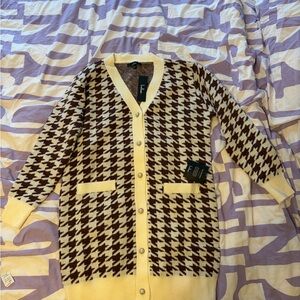 Lulu's truly iconic ivory and brown houndstooth cardigan sweater dress